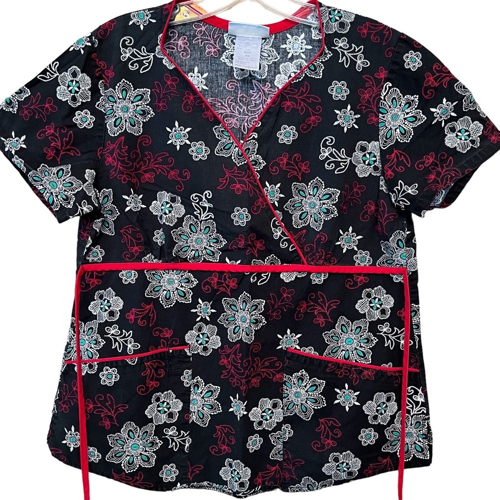 SB Scrubs Womens XS Black Red White Floral Mock Wrap V Neck Scrub Top